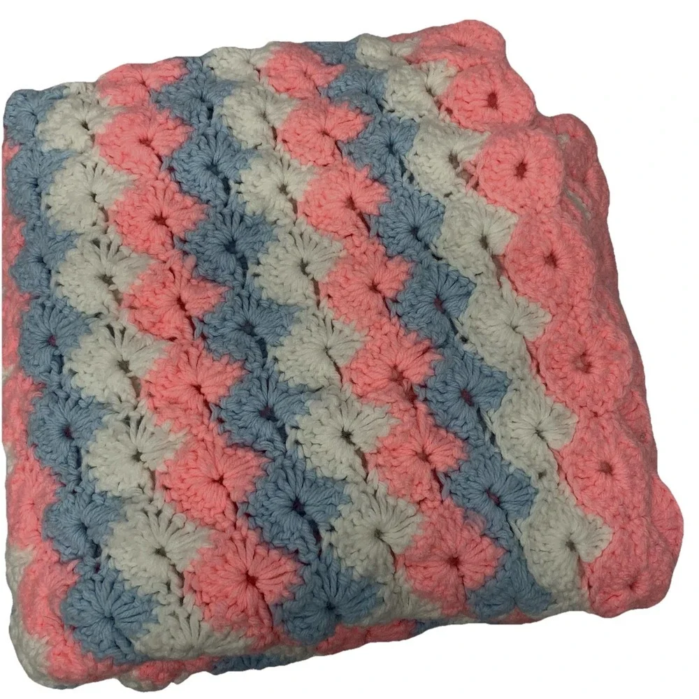 Handmade Crochet  Blanket Throw Pink Blue Baby Colors 50x48 ‎ Afghan